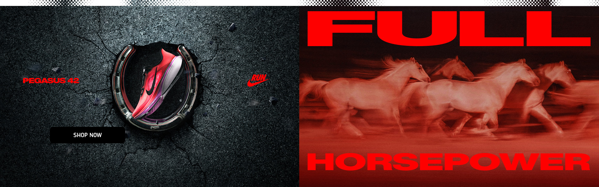 Nike Pegasus 42 running shoes. The image shows the model placed inside a horseshoe on asphalt, and galloping horses with the slogan Full Horsepower.